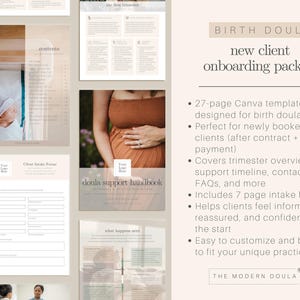 May include: A Canva template for birth doulas, featuring a soft beige color scheme. The package includes a doula support handbook, client intake forms, and trimester overviews. The text reads "BIRTH DOULA new client onboarding package".
