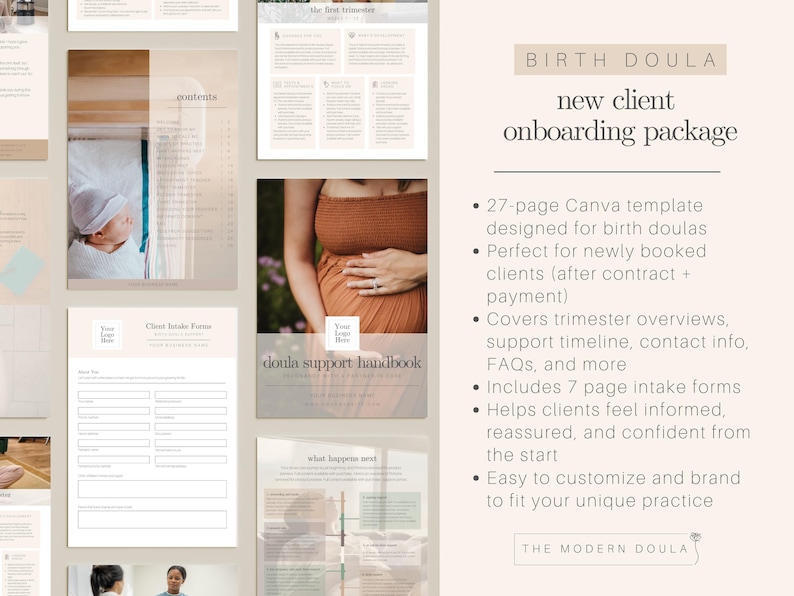 May include: A Canva template for birth doulas, featuring a soft beige color scheme. The package includes a doula support handbook, client intake forms, and trimester overviews. The text reads "BIRTH DOULA new client onboarding package".