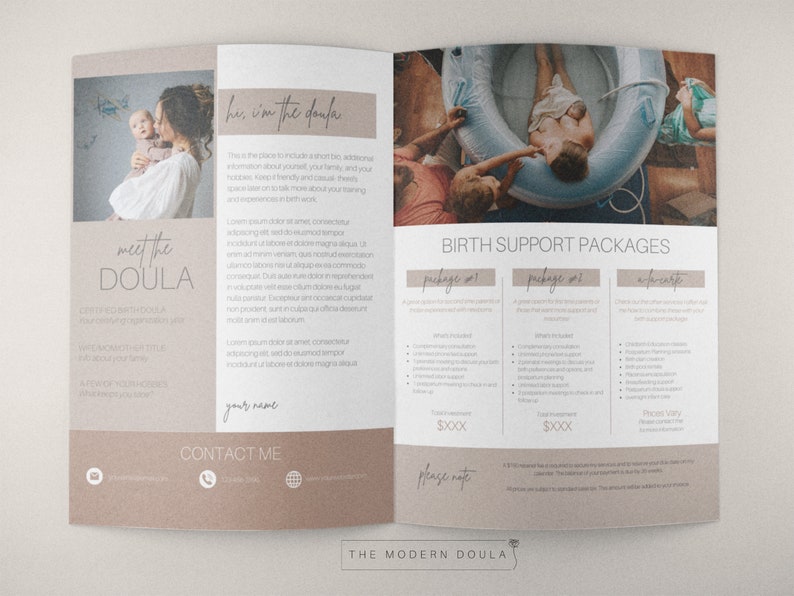 May include: A brochure for a doula service. The brochure features a photo of a woman in a birthing pool, along with text about the doula's services and pricing. The text includes the phrase "Meet the Doula" and "Birth Support Packages".