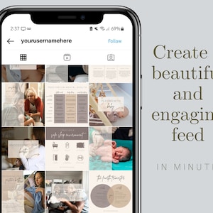 May include: A screenshot of a mobile phone displaying a social media feed with a grid of images. The images are about postpartum mental health, safe sleep environments, and playing with a baby. The text on the screen says "Create a beautiful and engaging feed in minutes!"
