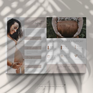 May include: A brochure with a photo of a pregnant woman on the left page and a list of benefits of doula support on the right page. The text on the right page includes statistics about the benefits of doula support, such as a 39% decrease in cesarean births and a 15% increase in spontaneous vaginal births.