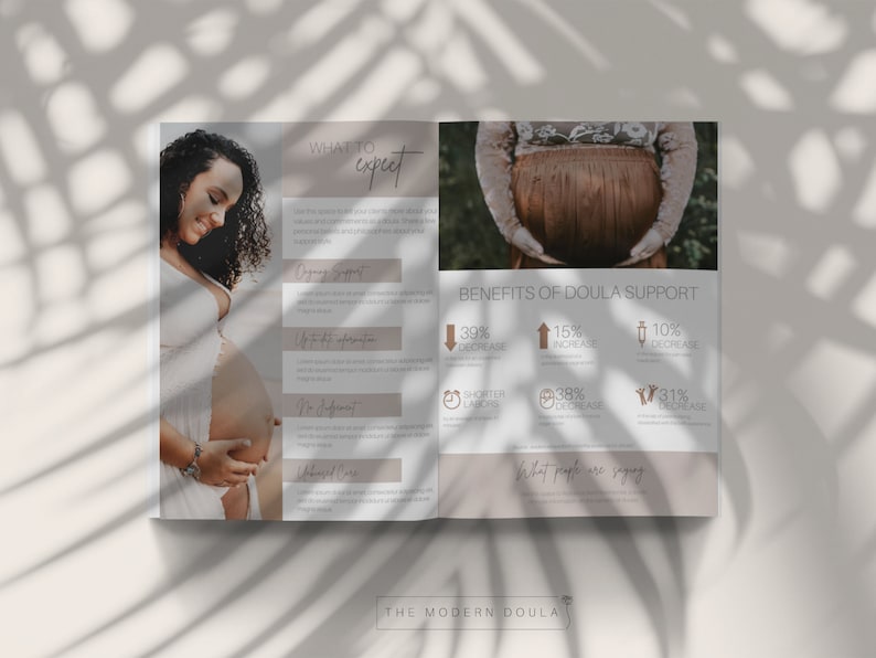 May include: A brochure with a photo of a pregnant woman on the left page and a list of benefits of doula support on the right page. The text on the right page includes statistics about the benefits of doula support, such as a 39% decrease in cesarean births and a 15% increase in spontaneous vaginal births.