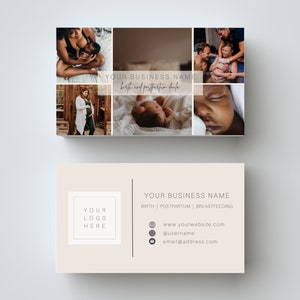 K&ouml;nnte beinhalten: Visitenkarte mit einer Collage aus Fotos einer schwangeren Frau, eines Neugeborenen und einer Familie. Die Karte enth&auml;lt den Firmennamen "YOUR BUSINESS NAME", die angebotenen Dienstleistungen "BIRTH | POSTPARTUM | BREASTFEEDING" sowie Kontaktinformationen wie Website, E-Mail-Adresse und Social-Media-Handle.