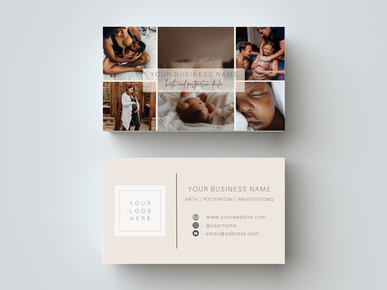 K&ouml;nnte beinhalten: Visitenkarte mit einer Collage aus Fotos einer schwangeren Frau, eines Neugeborenen und einer Familie. Die Karte enth&auml;lt den Firmennamen "YOUR BUSINESS NAME", die angebotenen Dienstleistungen "BIRTH | POSTPARTUM | BREASTFEEDING" sowie Kontaktinformationen wie Website, E-Mail-Adresse und Social-Media-Handle.