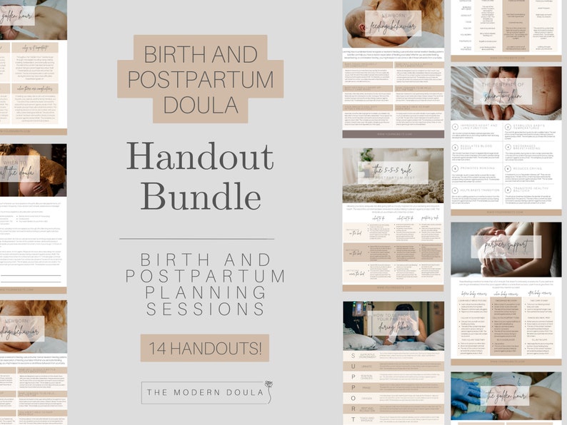 May include: A digital download bundle of 14 handouts for birth and postpartum planning sessions. The title "Birth and Postpartum Doula Handout Bundle" is in a large, bold font. The text "14 Handouts!" is in a smaller font and is surrounded by a brown rectangle. The text "The Modern Doula" is at the bottom of the image.