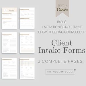 Op de afbeelding: Zes afdrukbare intakeformulieren voor lactatiekundigen en borstvoedingsadviseurs. De formulieren zijn ontworpen om te worden bewerkt in Canva en bevatten de tekst "IBCLC Lactatiekundige Borstvoedingsadviseur Intakeformulieren voor klanten 6 complete pagina's! De moderne Doula"