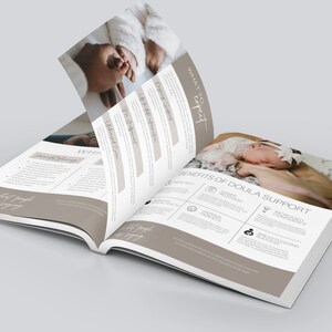 May include: An open book with a brown cover and white text. The text on the left page reads "What to expect" and "What kind of support do you need?" The text on the right page reads "Benefits of Doula Support" and lists several benefits, including "Easier Recovery", "Happier Parents", "Increased Confidence", and "Decreased Cesarean Rate".