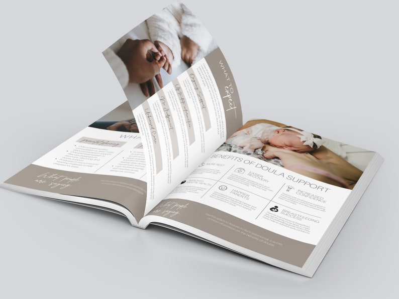 May include: An open book with a brown cover and white text. The text on the left page reads "What to expect" and "What kind of support do you need?" The text on the right page reads "Benefits of Doula Support" and lists several benefits, including "Easier Recovery", "Happier Parents", "Increased Confidence", and "Decreased Cesarean Rate".