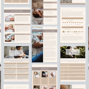 May include: A printable guide for new parents with tips on newborn reflexes, playing and bonding with your baby, safe babywearing, and a weekly checklist. The guide features a neutral color palette with brown and beige tones.
