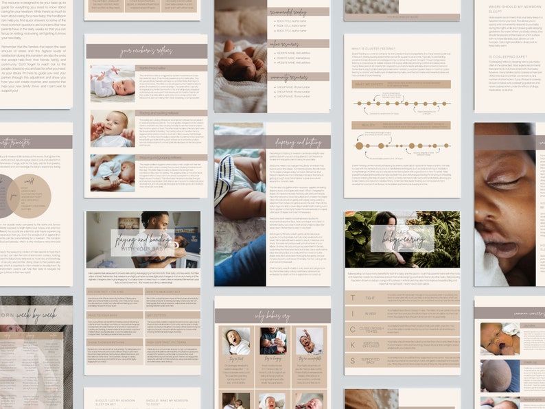 May include: A printable guide for new parents with tips on newborn reflexes, playing and bonding with your baby, safe babywearing, and a weekly checklist. The guide features a neutral color palette with brown and beige tones.