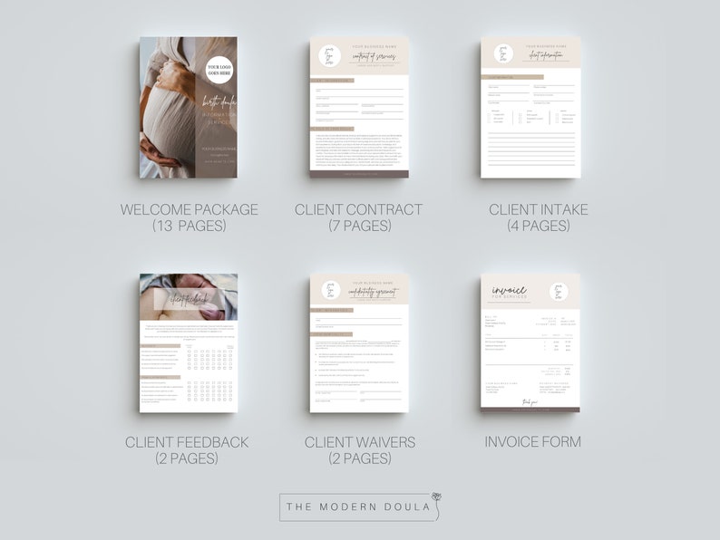 May include: A set of printable documents for doulas, including a welcome package, client contract, client intake form, client feedback form, client waivers, and an invoice form. The documents are designed in a modern style with a neutral color palette.