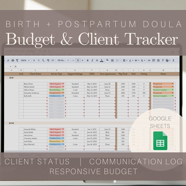 Système de suivi des clients et du budget Doula, fichiers clients, outils commerciaux Doula, programme de journal des clients, formulaires de réception, gestion d'entreprise pour Doulas