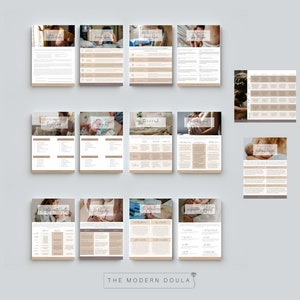 May include: A set of printable digital downloads for doulas, featuring a variety of topics related to pregnancy, birth, and postpartum care. The documents are designed with a modern aesthetic and include images of mothers and babies.