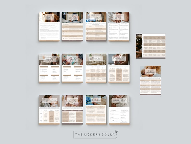May include: A set of printable digital downloads for doulas, featuring a variety of topics related to pregnancy, birth, and postpartum care. The documents are designed with a modern aesthetic and include images of mothers and babies.