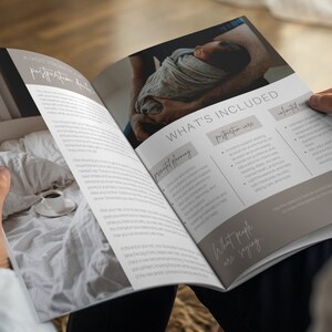 May include: A brochure with a photo of a parent holding a newborn baby. The brochure lists the services included, such as prenatal planning, postpartum care, and infant care. The text "What's Included" is highlighted in a brown box.
