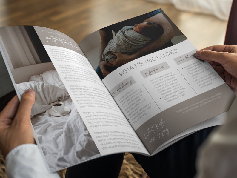 May include: A brochure with a photo of a parent holding a newborn baby. The brochure lists the services included, such as prenatal planning, postpartum care, and infant care. The text "What's Included" is highlighted in a brown box.