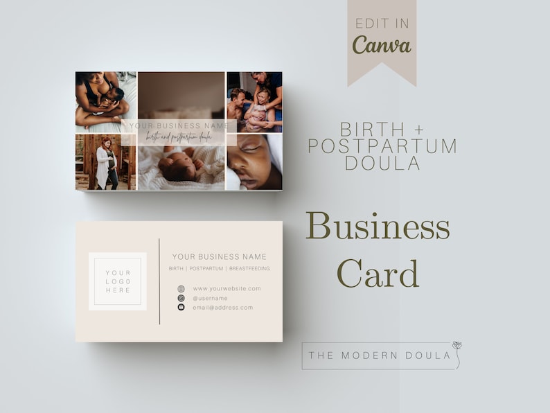 K&ouml;nnte beinhalten: Eine beige Visitenkarte mit braunem Rand. Der Text "YOUR BUSINESS NAME" befindet sich oben auf der Karte, gefolgt von "BIRTH POSTPARTUM BREASTFEEDING". Darunter befindet sich eine Website-Adresse, ein Benutzername und eine E-Mail-Adresse. Der Text "YOUR LOGO HERE" befindet sich in einem Quadrat oben links auf der Karte.