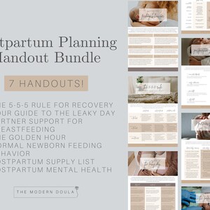 May include: A set of seven printable postpartum planning handouts. The handouts include information on the 5-5-5 rule for recovery, a guide to leaky days, partner support for breastfeeding, the golden hour, normal newborn feeding behavior, a postpartum supply list, and postpartum mental health.