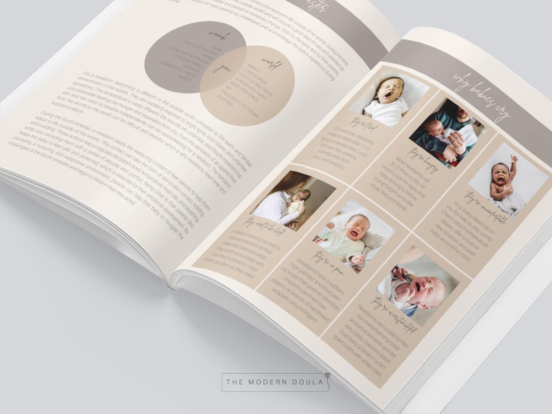 May include: A guide to understanding why babies cry, with illustrations of babies in different poses and text explaining the reasons for their crying. The guide includes tips on how to soothe a crying baby.