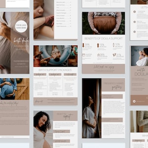 May include: A brochure for a birth doula service. The brochure features images of pregnant women and a baby. The text on the brochure includes information about the benefits of doula support, birth support packages, frequently asked questions, and what's included in the service.