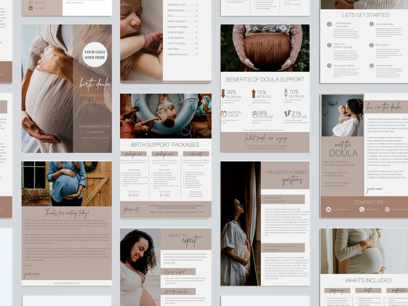 May include: A brochure for a birth doula service. The brochure features images of pregnant women and a baby. The text on the brochure includes information about the benefits of doula support, birth support packages, frequently asked questions, and what's included in the service.