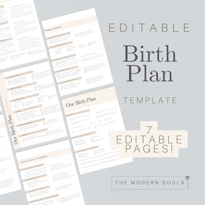 May include: Editable birth plan template with seven pages. The template has a minimalist design with a beige and white colour scheme. The text "Our Birth Plan" is visible on one of the pages.