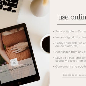 May include: A digital doula support handbook displayed on a tablet. The tablet shows a pregnant person in a brown dress. The text reads "doula support handbook" and "use online!" with bullet points about the product.