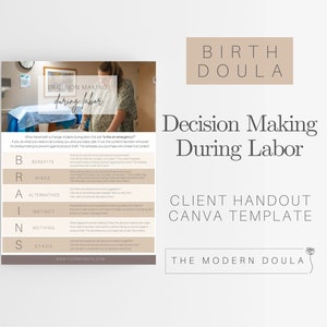May include: A printable handout with a light brown background and a white border. The title is "Decision Making During Labour" and the subtitle is "Client Handout Canva Template". The handout features a table with the acronym "BRAINS" and the headings "Benefits", "Risks", "Alternatives", "Instinct", "Nothing", and "Space".