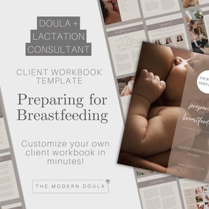May include: A workbook template for preparing for breastfeeding. The cover features a close-up image of a baby breastfeeding. The title of the workbook is "Preparing for Breastfeeding".