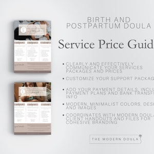 Puede incluir: Una gu&iacute;a de precios de servicio para doulas de parto y posparto. La gu&iacute;a incluye informaci&oacute;n sobre c&oacute;mo comunicar claramente los servicios, personalizar los paquetes de apoyo, agregar detalles de pago y crear una marca cohesiva con elementos de dise&ntilde;o modernos.