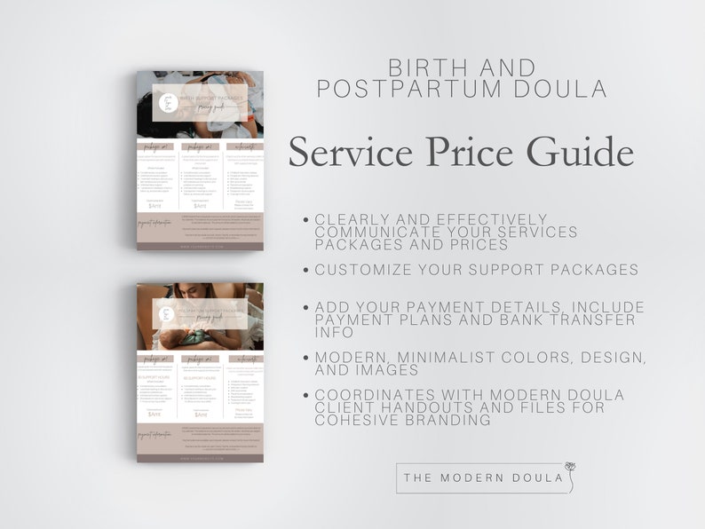 Puede incluir: Una gu&iacute;a de precios de servicio para doulas de parto y posparto. La gu&iacute;a incluye informaci&oacute;n sobre c&oacute;mo comunicar claramente los servicios, personalizar los paquetes de apoyo, agregar detalles de pago y crear una marca cohesiva con elementos de dise&ntilde;o modernos.