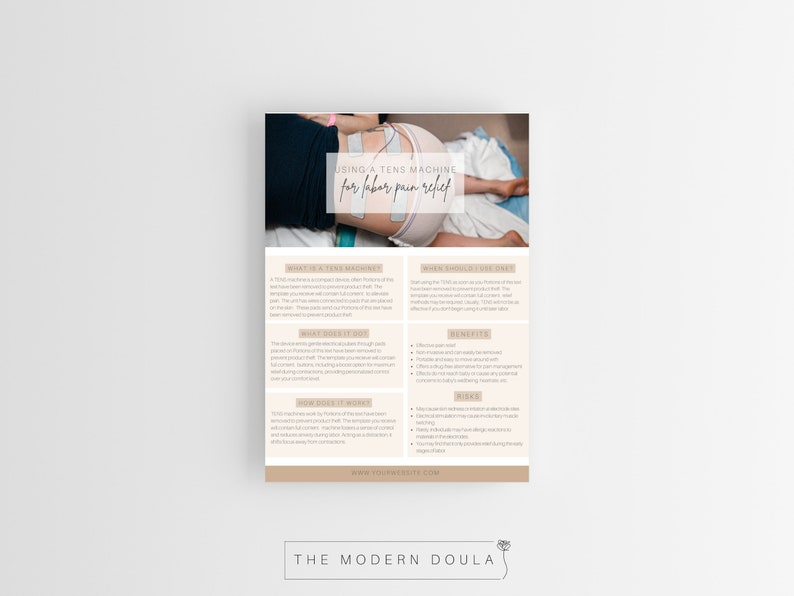 May include: A printable guide with a photo of a person using a TENS machine for labour pain relief. The guide includes information about what a TENS machine is, how it works, and its benefits. The text on the guide reads "Using a TENS Machine for Labour Pain Relief".