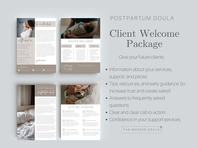 May include: A four-page welcome package for postpartum doula clients. The package includes information about services, support, prices, tips, resources, and early guidance. The package also includes answers to frequently asked questions, clear call-to-action, and confidence in support services.