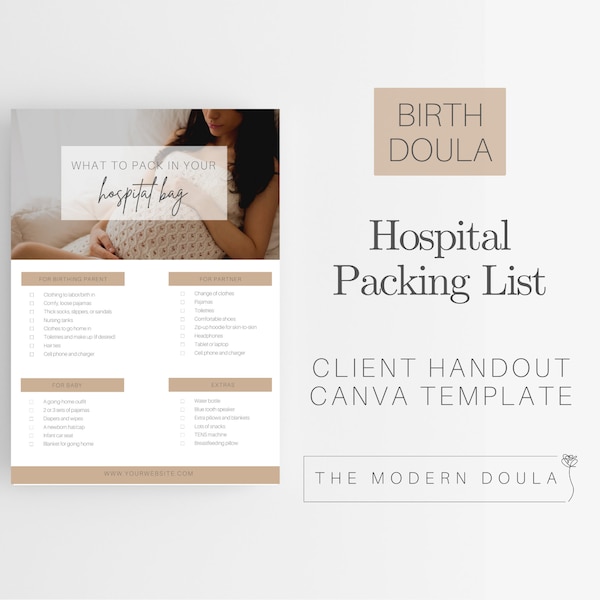 Hospital Bag Packing List, Editable Birth Bag Packing List, Labor and Delivery, Editable Doula Handout, Childbirth Education Resources