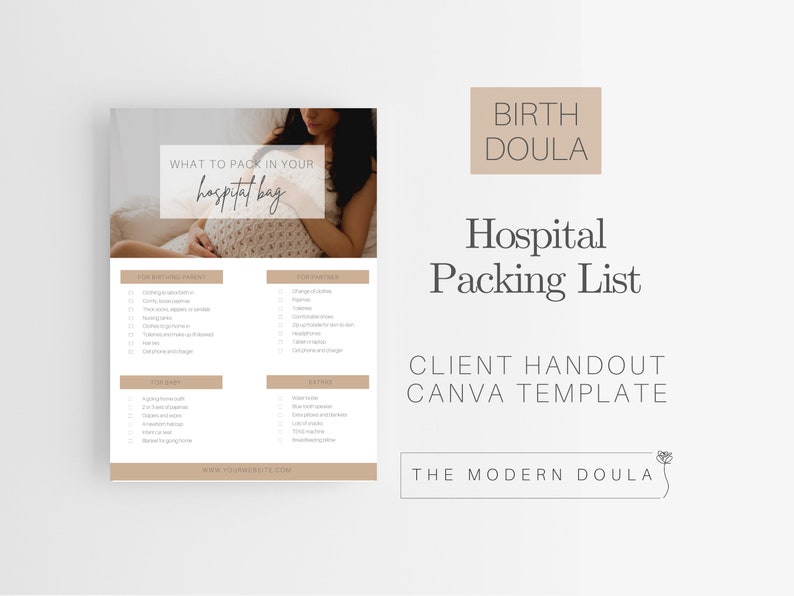 Hospital Bag Packing List, Editable Birth Bag Packing List, Labor and Delivery, Editable Doula Handout, Childbirth Education Resources image 1