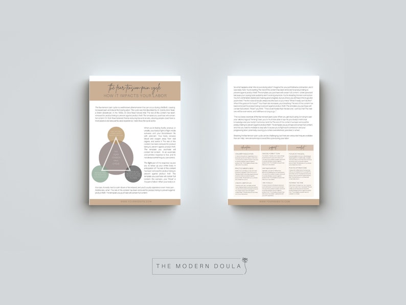 May include: A two-page brochure titled "The Fear-Tension-Pain Cycle: How It Impacts Your Labour." The brochure features a diagram with circles and a triangle, and detailed text. The Modern Doula logo is at the bottom.