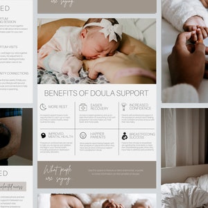 May include: A collage of images promoting doula support for new parents. The images feature a mother breastfeeding her baby, a baby sleeping in a parent's arms, and a couple holding hands. The text highlights the benefits of doula support, including increased rest, easier recovery, improved mental health, happier parents, and breastfeeding success.