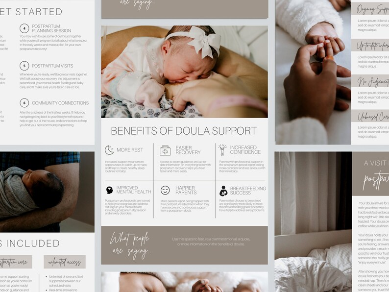 May include: A collage of images promoting doula support for new parents. The images feature a mother breastfeeding her baby, a baby sleeping in a parent's arms, and a couple holding hands. The text highlights the benefits of doula support, including increased rest, easier recovery, improved mental health, happier parents, and breastfeeding success.