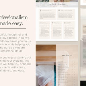 May include: A handbook for doulas, with the text "professionalism made easy." The pages have a soft, neutral color palette. The handbook includes sections on the first trimester and a table of contents. The image also shows a baby.