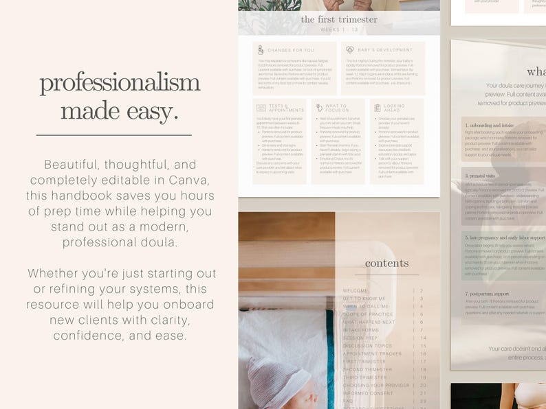 May include: A handbook for doulas, with the text "professionalism made easy." The pages have a soft, neutral color palette. The handbook includes sections on the first trimester and a table of contents. The image also shows a baby.