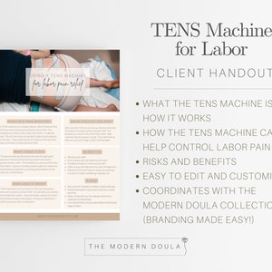 May include: A printable handout for doulas explaining how to use a TENS machine for labour pain relief. The handout includes information about what a TENS machine is, how it works, risks and benefits, and how to customise it. The handout also includes a photo of a woman using a TENS machine during labour.