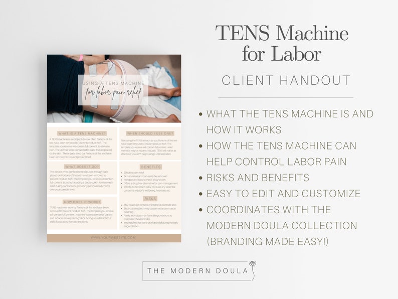 May include: A printable handout for doulas explaining how to use a TENS machine for labour pain relief. The handout includes information about what a TENS machine is, how it works, risks and benefits, and how to customise it. The handout also includes a photo of a woman using a TENS machine during labour.