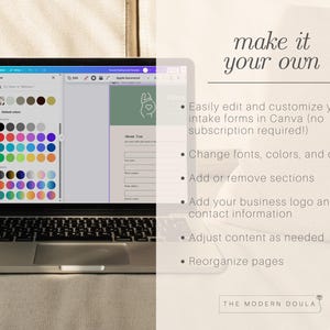 May include: A laptop displaying a design interface with color options and a form. The text "make it your own" is above a list of features, including editing and customizing intake forms in Canva. The Modern Doula logo is at the bottom.
