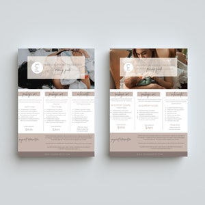 Puede incluir: Un documento de dos p&aacute;ginas con fondo marr&oacute;n y texto blanco. El documento se titula "Birth Support Packages Pricing Guide" y enumera tres paquetes diferentes con sus precios y descripciones. El documento tambi&eacute;n incluye una foto de una mujer sosteniendo un beb&eacute; reci&eacute;n nacido.
