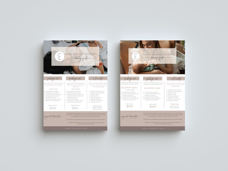 Puede incluir: Un documento de dos p&aacute;ginas con fondo marr&oacute;n y texto blanco. El documento se titula "Birth Support Packages Pricing Guide" y enumera tres paquetes diferentes con sus precios y descripciones. El documento tambi&eacute;n incluye una foto de una mujer sosteniendo un beb&eacute; reci&eacute;n nacido.