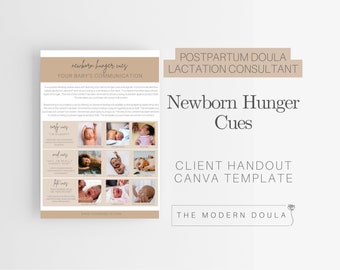 Folleto sobre señales de hambre en recién nacidos, folleto editable para doulas posparto, IBCLC, folleto para consultoras de lactancia, doulas de parto, recursos para la lactancia materna