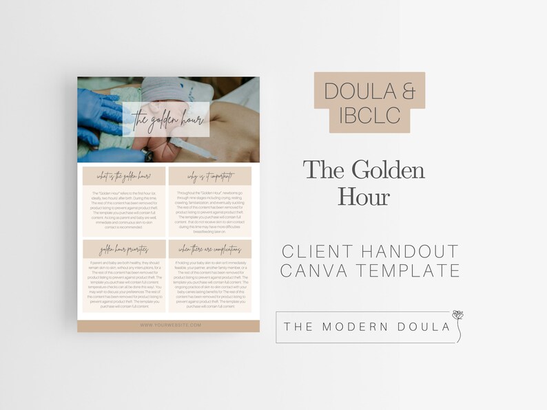 May include: A printable handout for doulas and lactation consultants about the "Golden Hour" after birth. The handout includes information about the benefits of skin-to-skin contact, breastfeeding, and delayed cord clamping. The handout also includes a section on what to do when there are complications.
