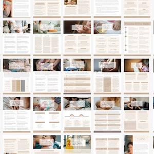 May include: A digital guide for postpartum recovery, featuring images of a mother and baby, and text about breastfeeding, postpartum support, and recovery timeline.