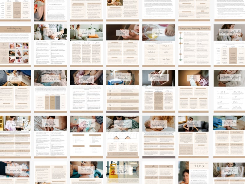 May include: A digital guide for postpartum recovery, featuring images of a mother and baby, and text about breastfeeding, postpartum support, and recovery timeline.
