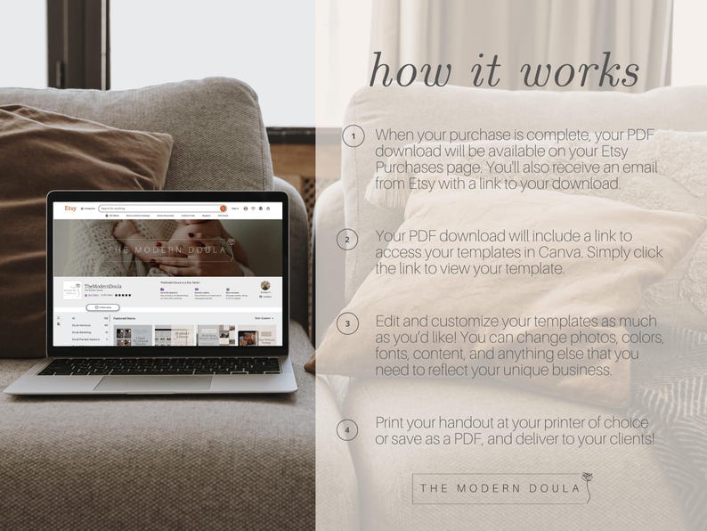 K&ouml;nnte beinhalten: Ein Laptop-Bildschirm zeigt eine Etsy-Shop-Seite f&uuml;r "The Modern Doula". Die Seite zeigt ein Foto einer schwangeren Frau und eine Liste von Produkten. Der Text "how it works" wird auf der rechten Seite des Bildes mit vier nummerierten Schritten angezeigt, die erkl&auml;ren, wie man auf die digitalen Produkte zugreift und sie verwendet.